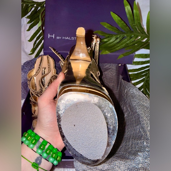 HALSTON 7.5 Gold Snakeskin Print Strappy Cut Out Platform Dancing Heels - Picture 12 of 15